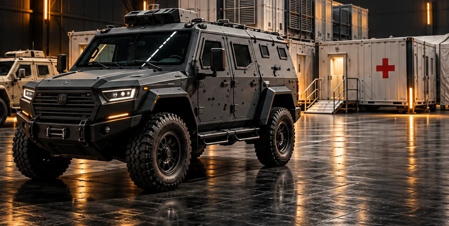 Conceptual CTI industry image: an armoured specialist vehicle, mobile support modules and power containers.