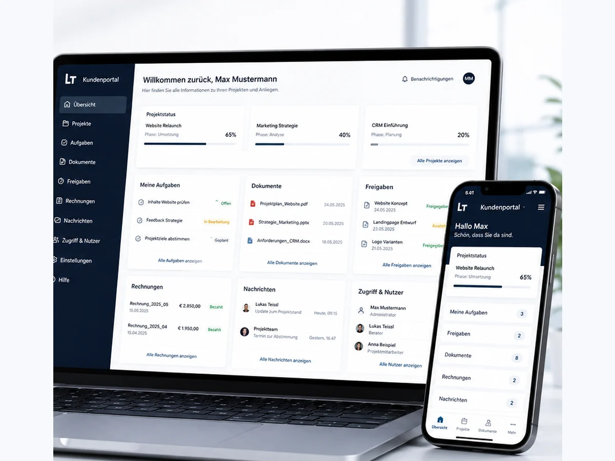 Protected client portal with projects, documents, approvals and invoices