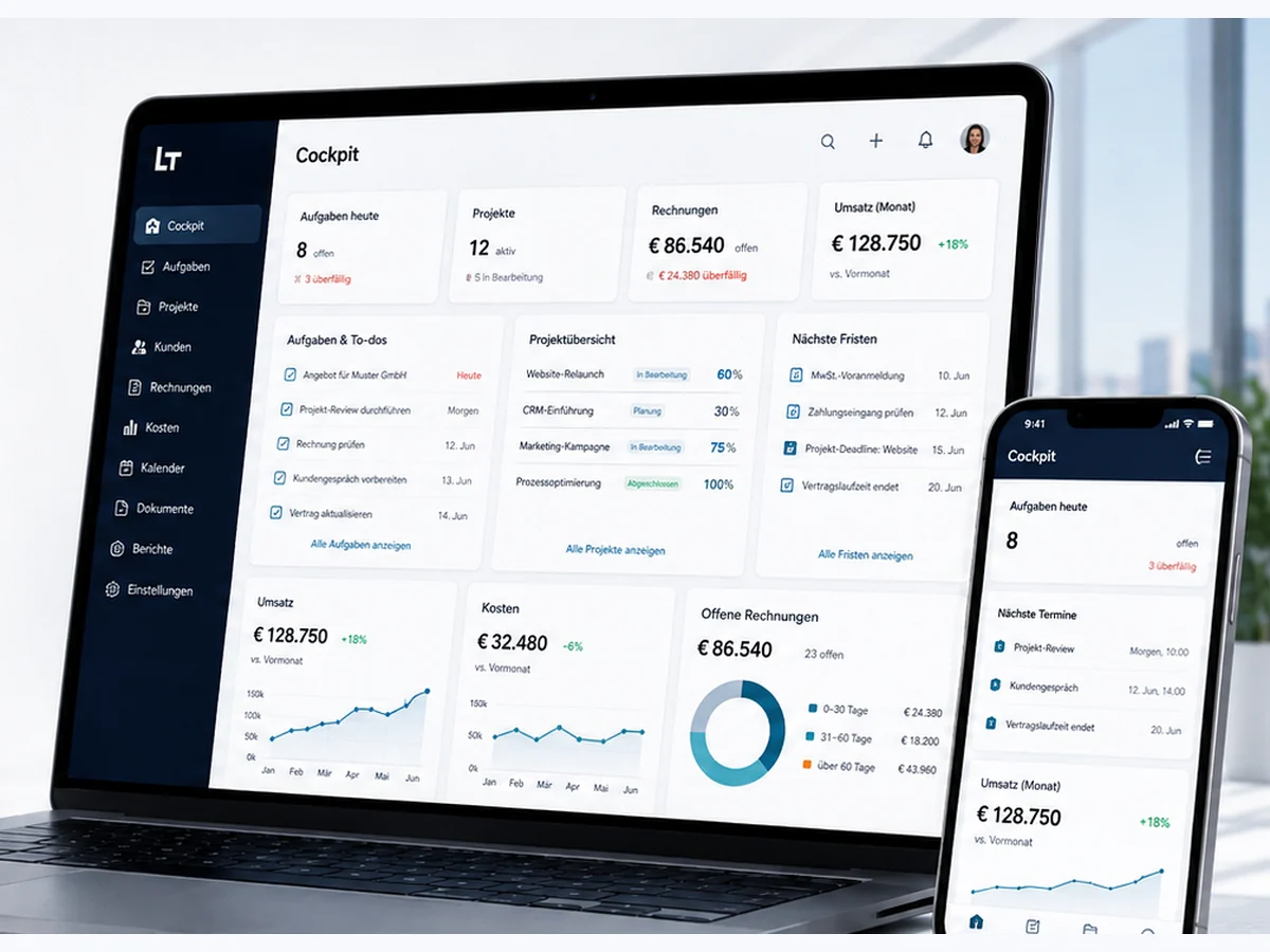 CRM business control centre with tasks, projects, invoices, costs and deadlines