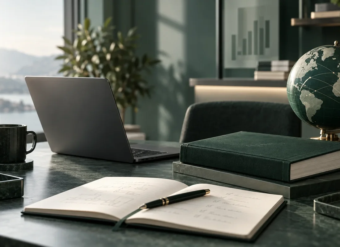 Illustrative workspace with a laptop, reference books and a globe