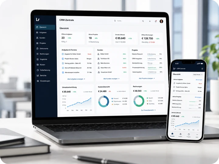 CRM-Unternehmenszentrale von Lukas Teissl auf Laptop und Smartphone