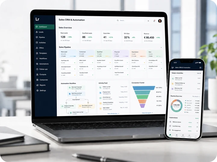 Sales CRM und Automatisierungssystem von Lukas Teissl auf Laptop und Smartphone
