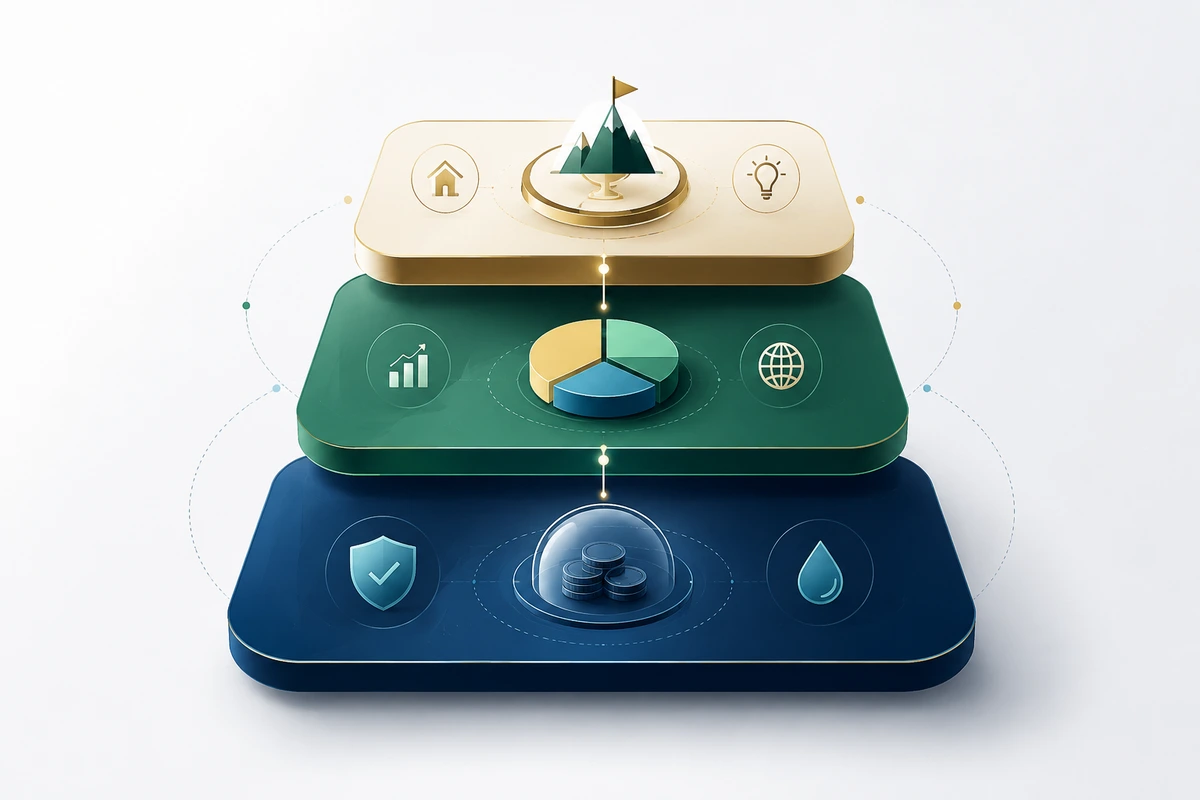 Three layers of wealth building: an emergency reserve, a diversified core portfolio and personal goals.