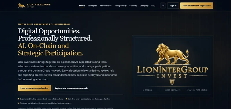 Lion Investments · Desktopansicht · EN