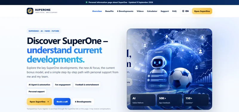 SuperOne · Medien- und Informationsseite · Desktopansicht · EN