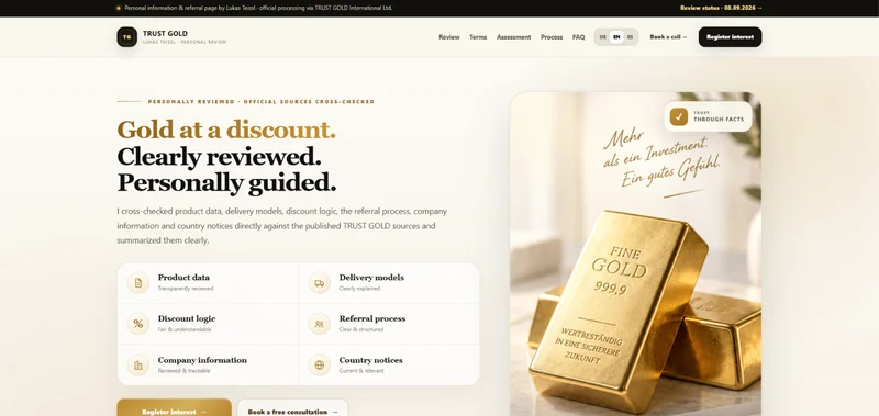 TRUST GOLD · Informationsaufbereitung · Desktopansicht · EN