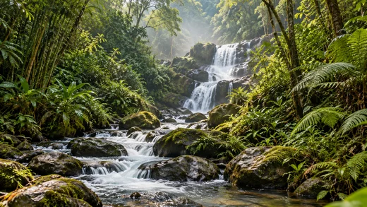 Urlaub auf Madagaskar · Waterfall and lush vegetation · Illustration