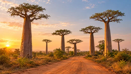 Urlaub auf Madagaskar · Baobabs in the evening light · Illustration