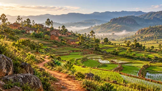 Urlaub auf Madagaskar · Landscape with rice terraces · Illustration