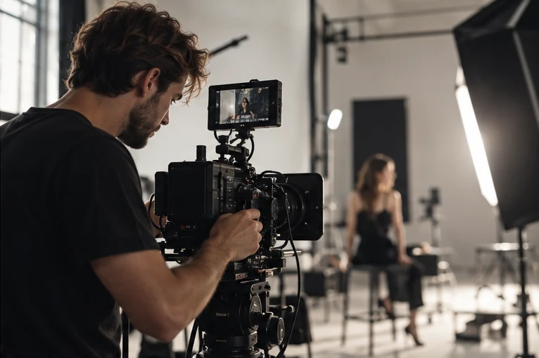 Camarógrafo durante una producción como ejemplo de cine y expresión escénica