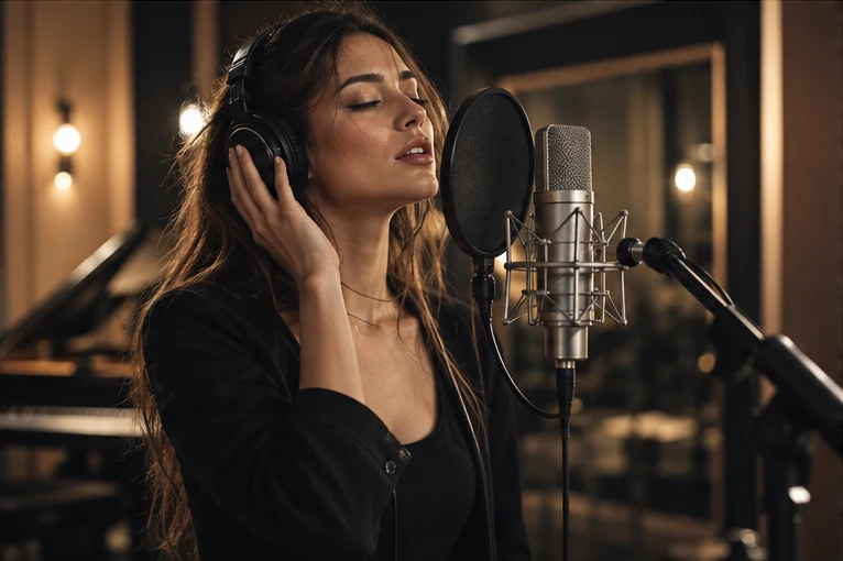 Cantante frente a un micrófono de estudio como ejemplo de música y voz